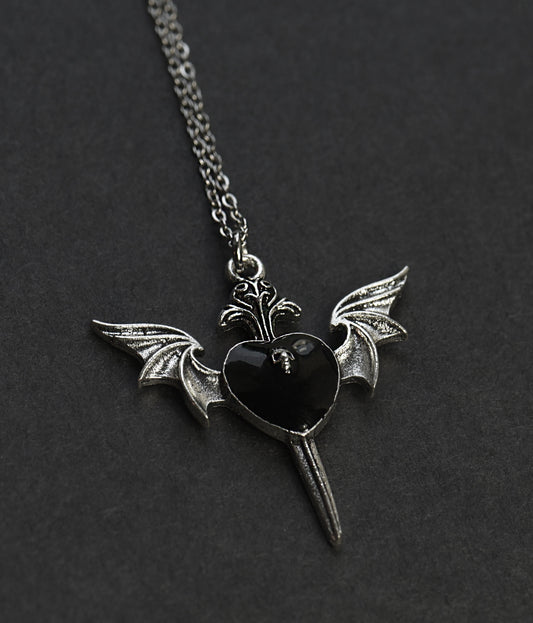 Gothic winged black heart necklaceon a 18 inch stainless steel chain