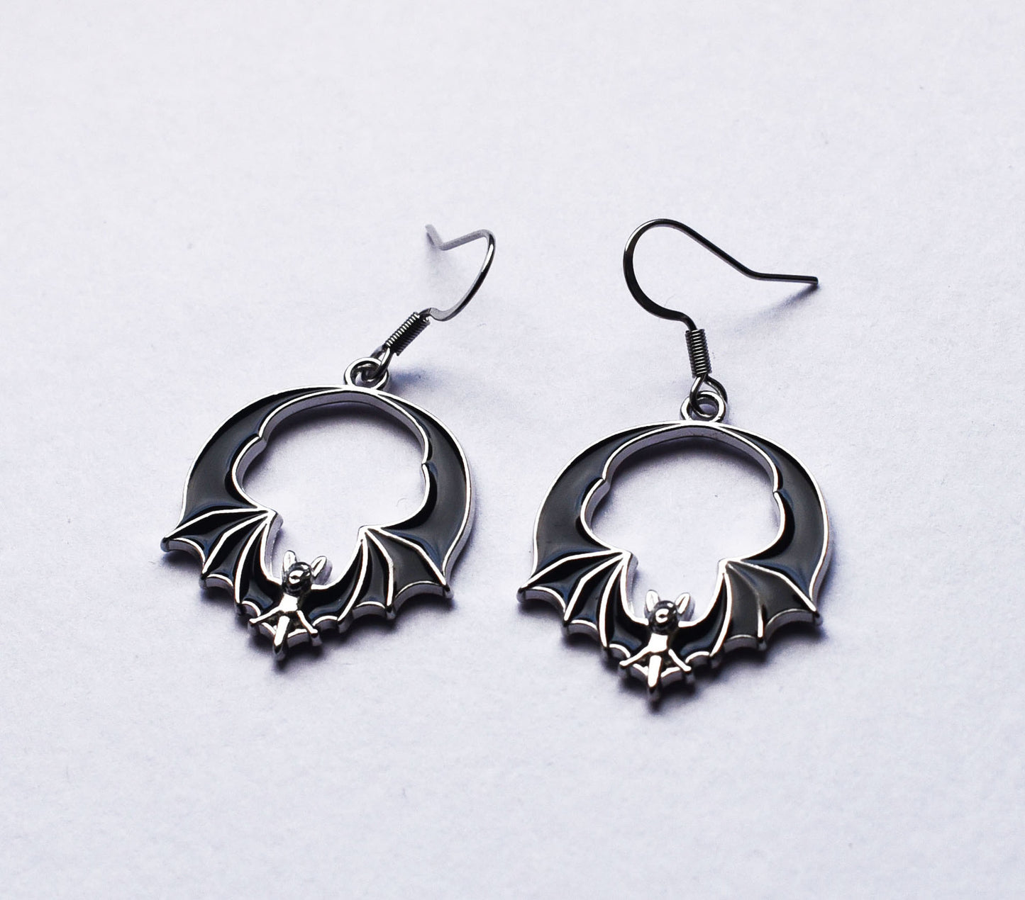 Black and silver bat earrings with stainless steel ear wires