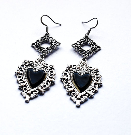 Large filigree black heart gothic earrings with stainless steel ear wires