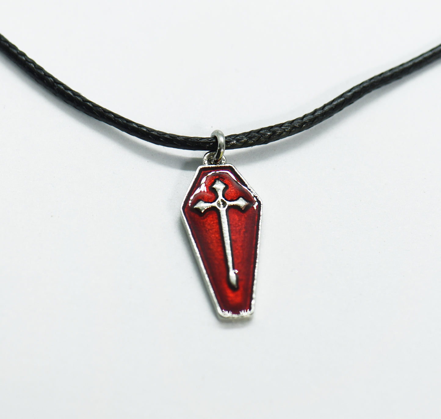 Red and silver coffin necklace