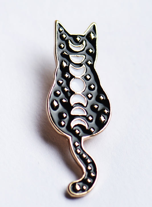 Black, gold and white cat with lunar moon design enamel pin badge