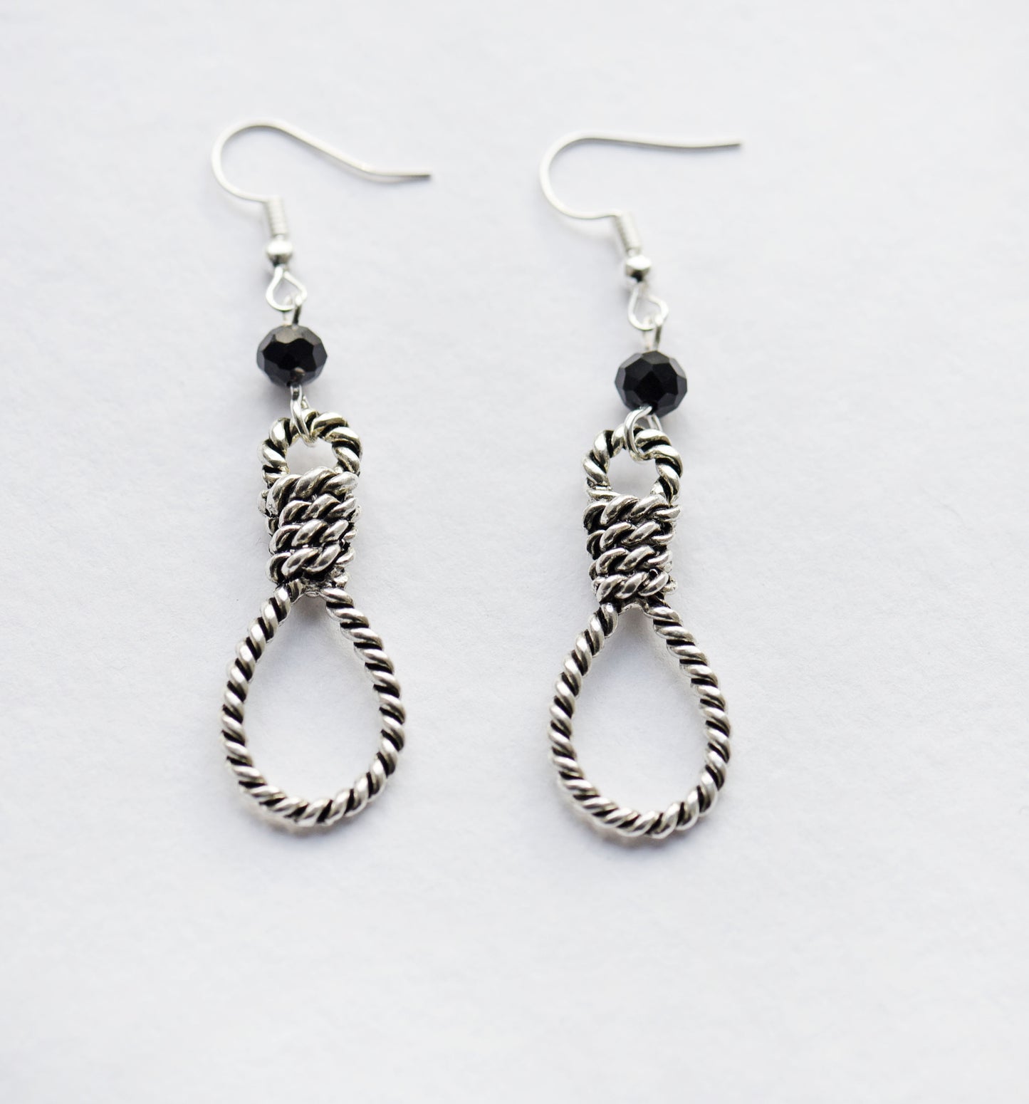 Hangmans noose earrings with black bead