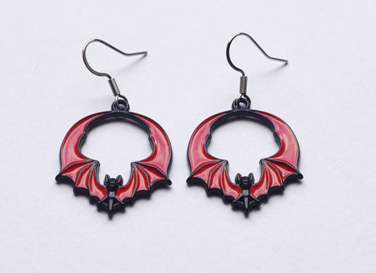 Red and black bat charm earrings with stainless steel ear wires