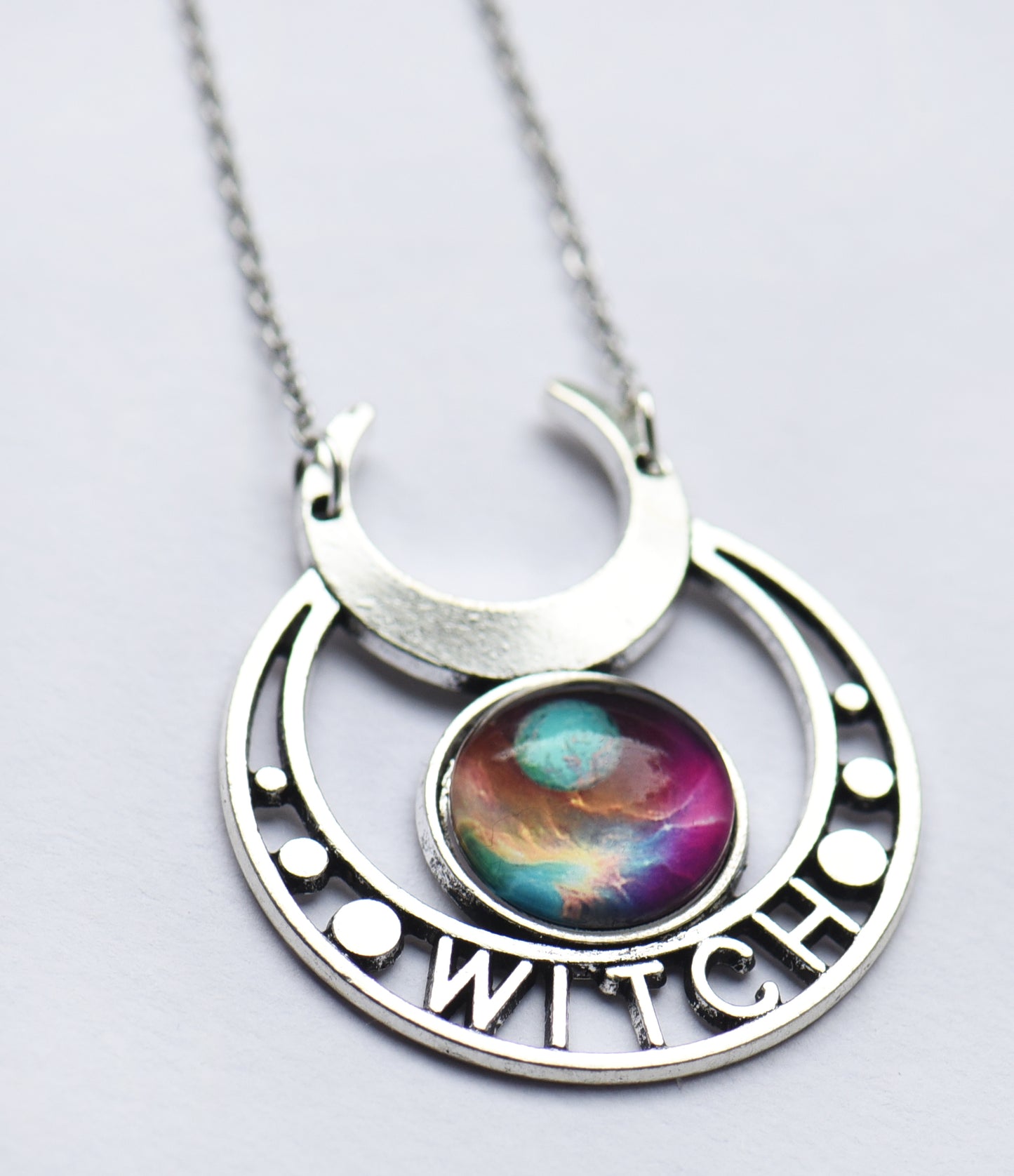 Silver coloured Witch cabochon necklace with 18 inch chain